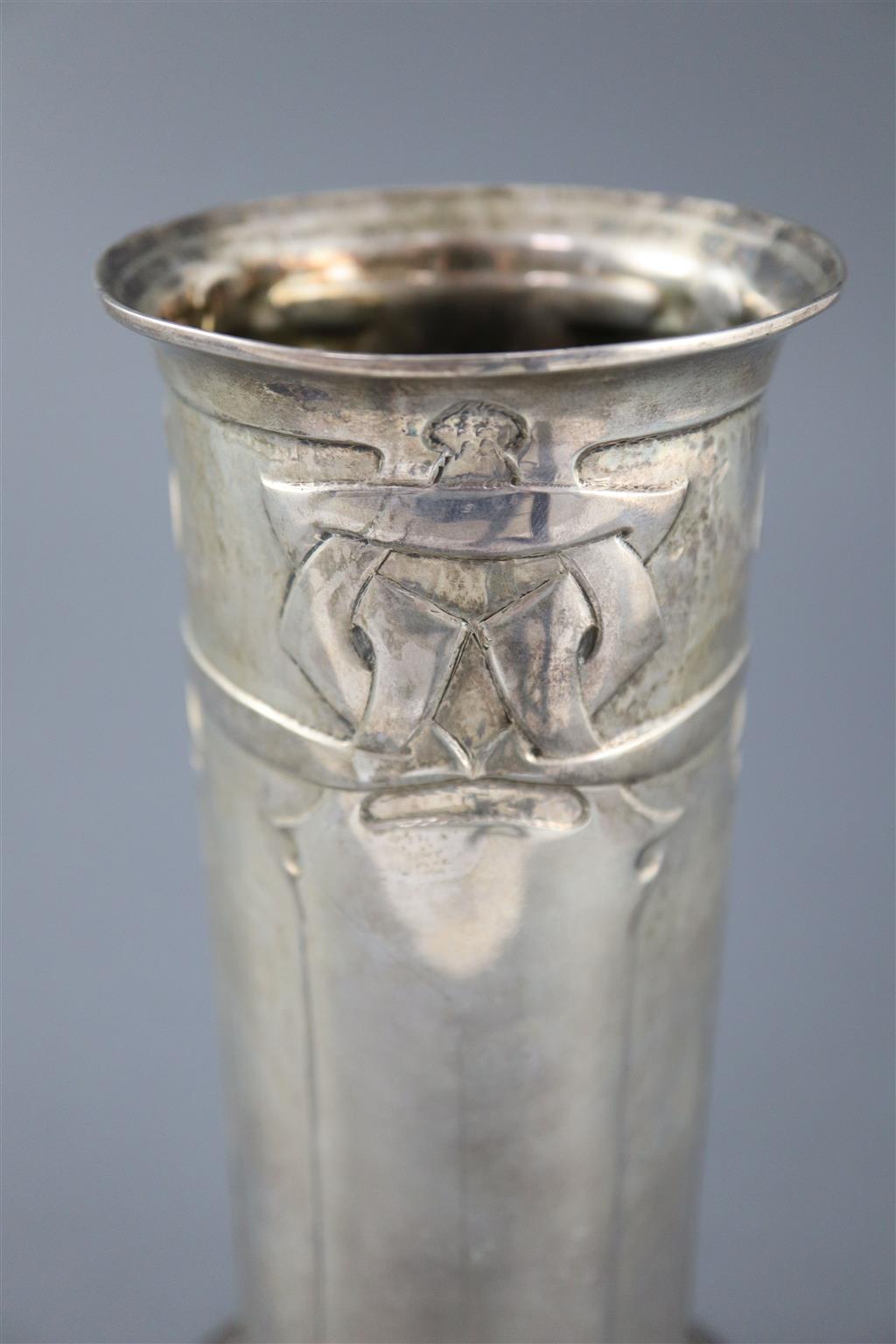 An Edwardian Art Nouveau Liberty Cymric silver cylindrical vase, Birmingham 1904,